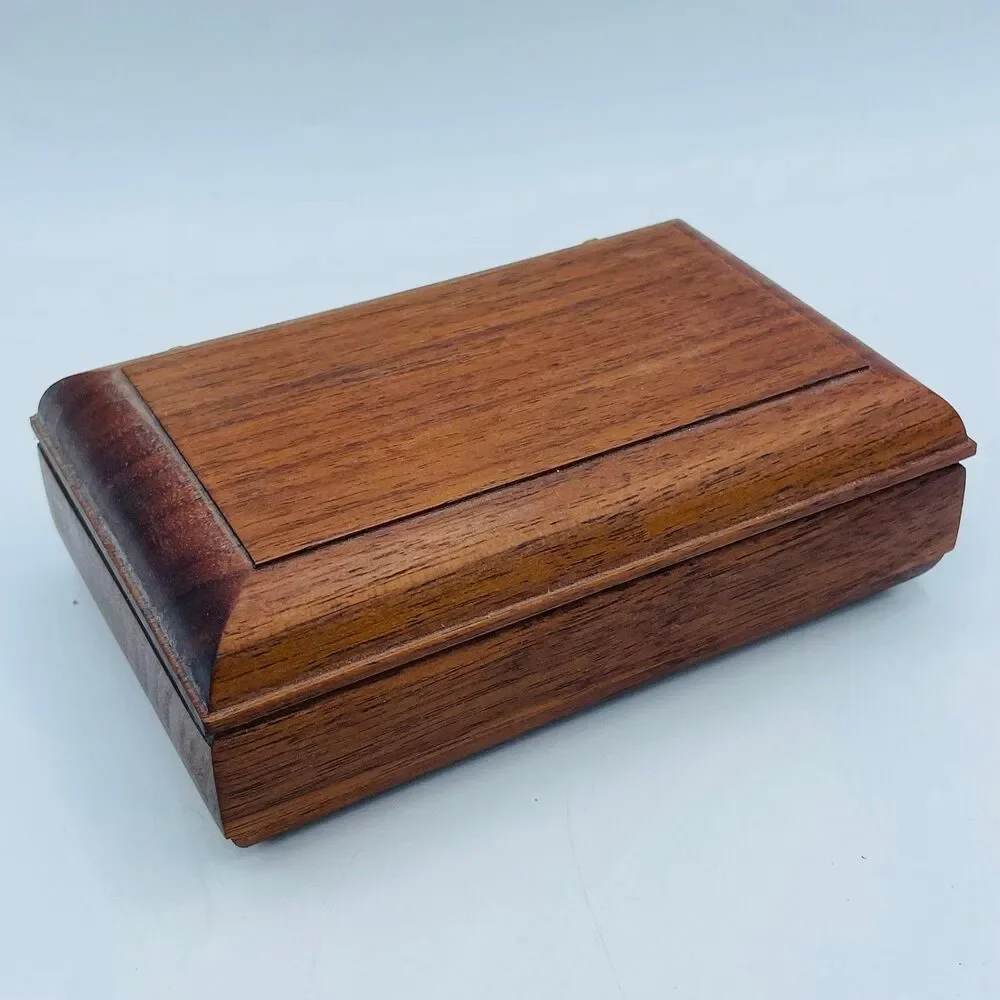 Vintage Hand Crafted Small Rectangular Wooden Trinket Jewelry Box w/ Hinges